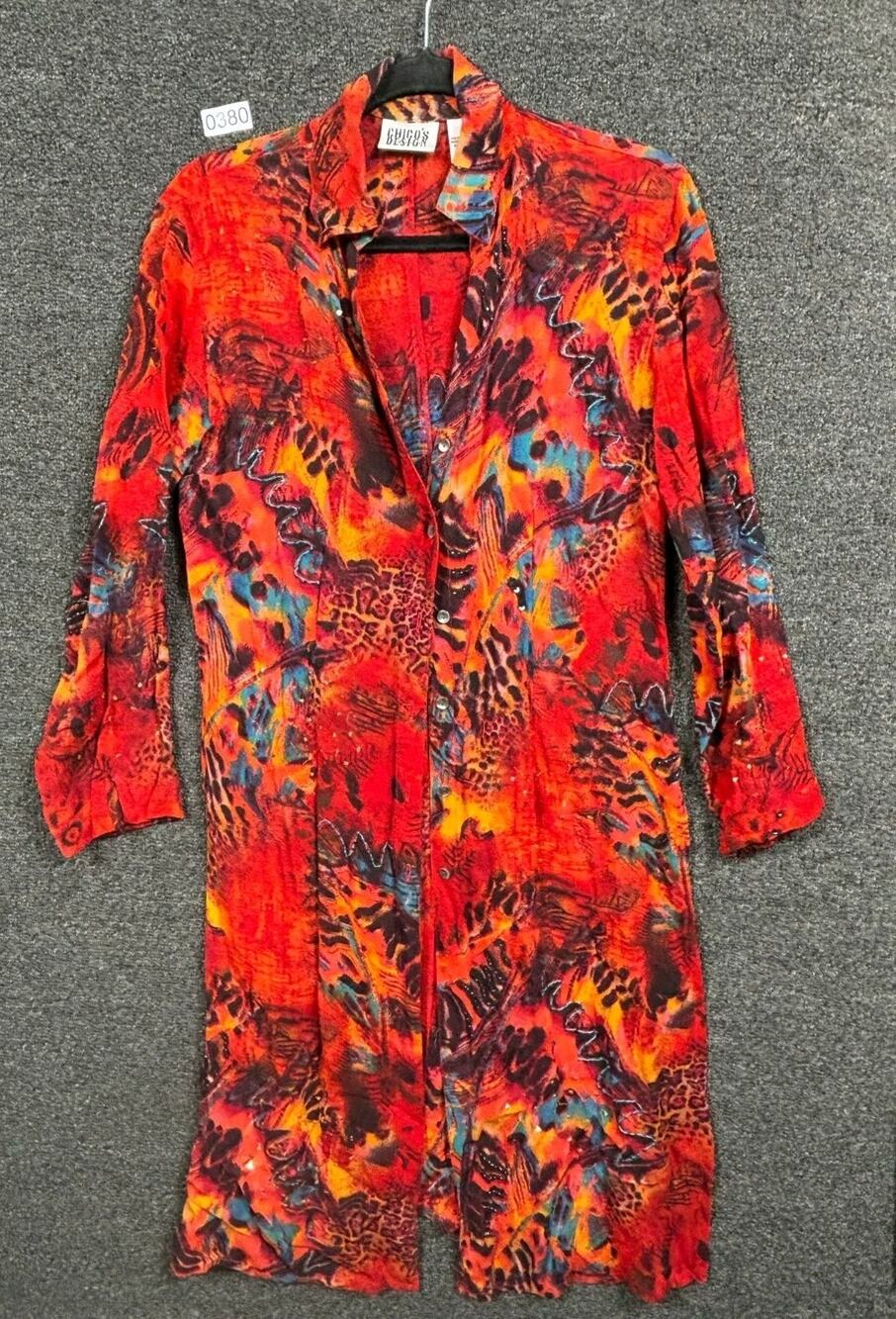 VTG Chico's Sheer Long Tunic Top Womens Size 0 US S Red Button Harvest Fall